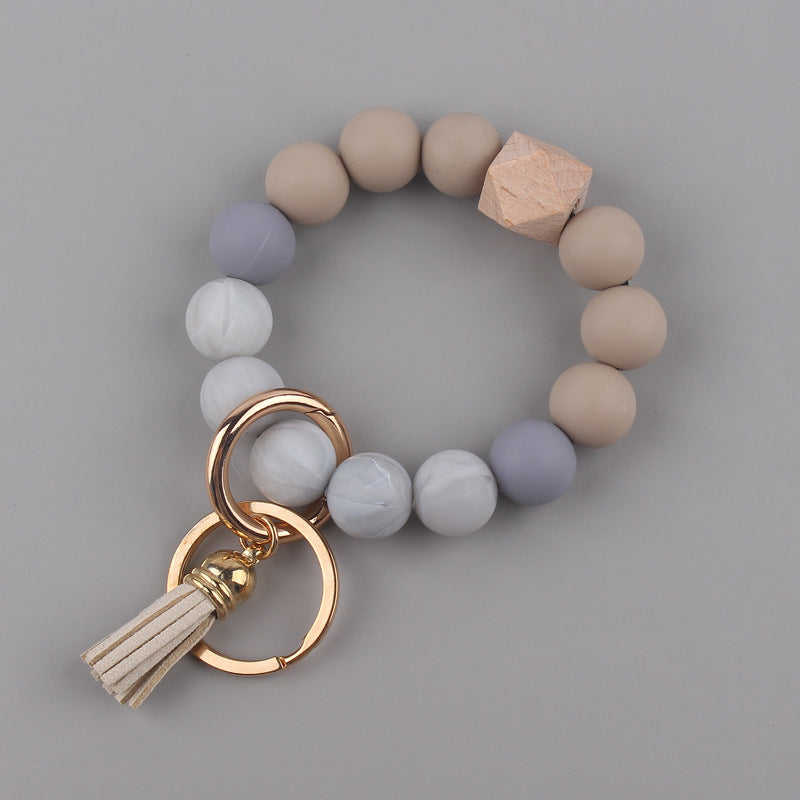 Leather PU Tassel Silicone Bead Wristlet Keychain Small Size 10