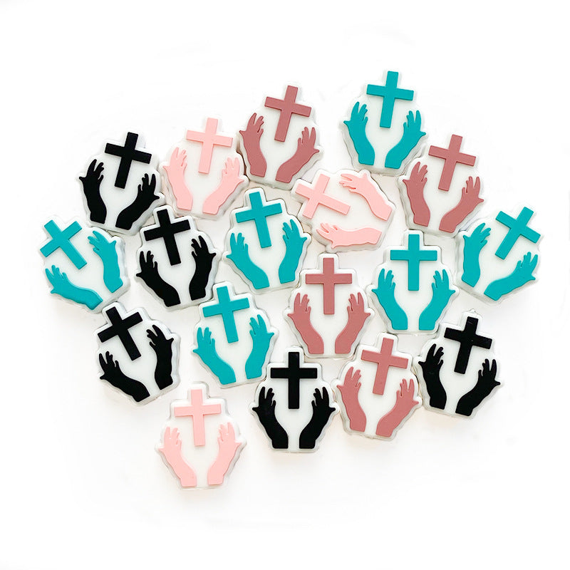 20pcs Silicone Focal Beads Pacifier Chain Hands Holding Cross 2