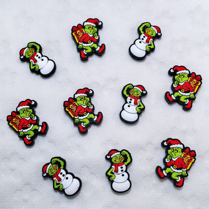 20Pcs Silicone Focal Beads Green Furry Character Scowling Face with Santa Hat