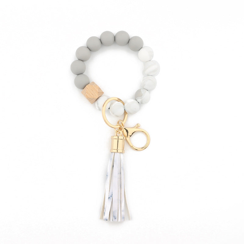 Silicone Bead Wristlet Keychain with Wooden Hexagon Bead Tassel 17