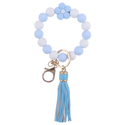 Flower Silicone Bead Wristlet Keychain with PU Leather Tassel 12