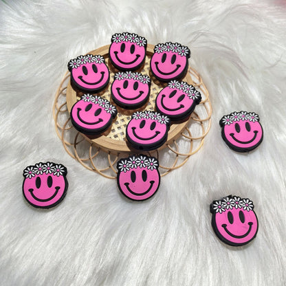20Pcs Silicone Focal Beads Smiley Flower Smiling Face with Daisy Crown 6