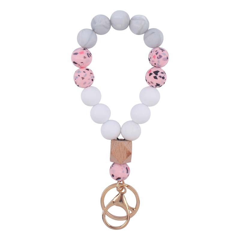 Leopard Wood Octagonal Silicone Bead Wristlet Keychain 7