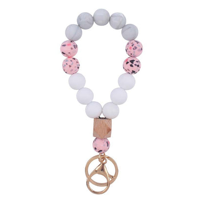 Leopard Wood Octagonal Silicone Bead Wristlet Keychain 7