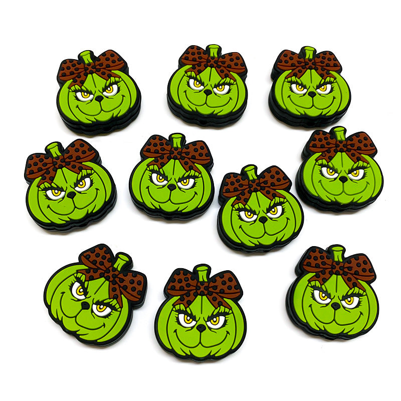 20Pcs Silicone Focal Beads Green Pumpkin Wearing Bow 2