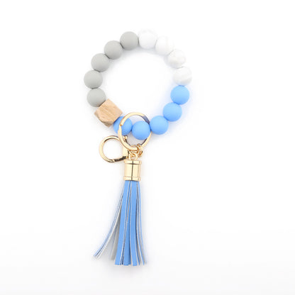 Silicone Bead Wristlet Keychain with Wooden Hexagon Bead Tassel 14