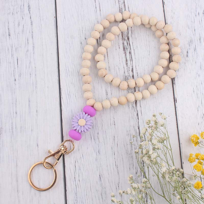Daisy Silicone Bead Wristlet Keychain with Wooden Beads 9