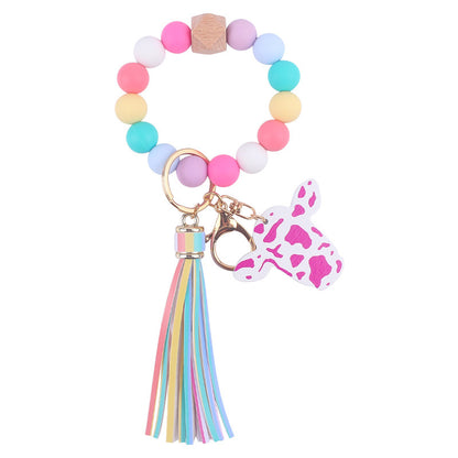 Western Cow Silicone Bead Wristlet Keychain PU Leather Tassel 13