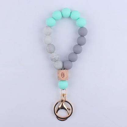 Octagonal Silicone Bead Wristlet Keychain with Wooden Accent 16
