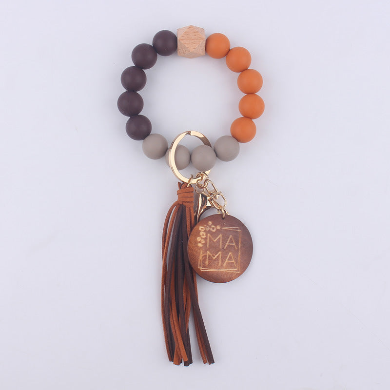MAMA Tag Silicone Bead Wristlet Keychain with Tassel Charm 16