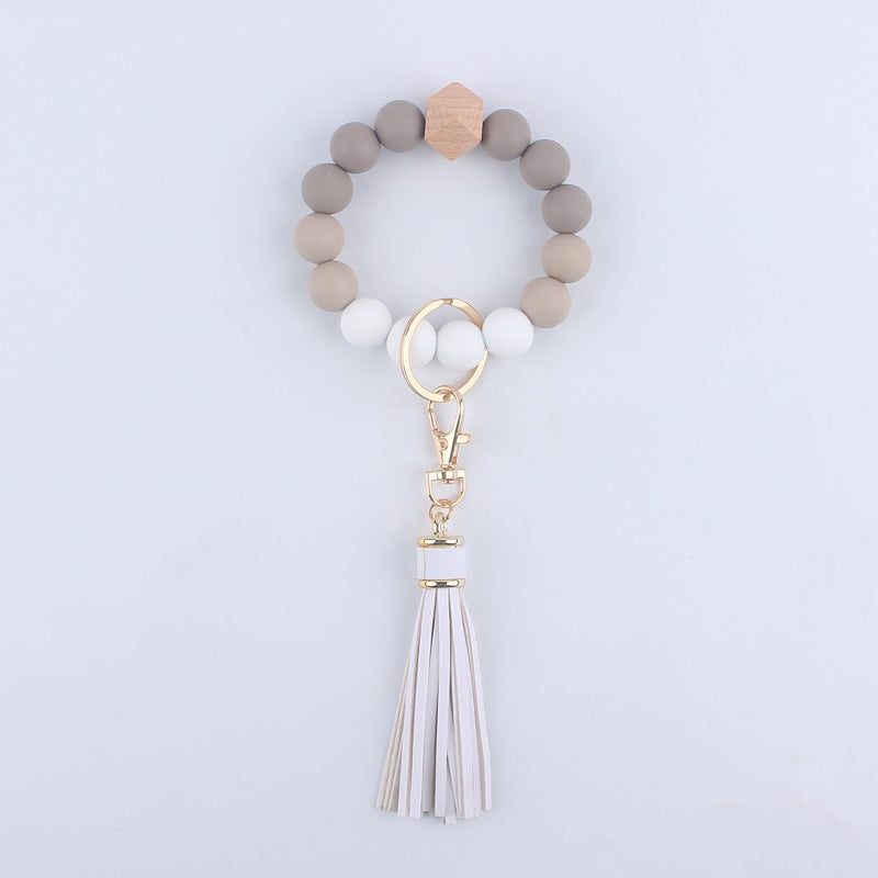 Tassel Silicone Bead Wristlet Keychain with Wooden Bead Charm 8cm 19