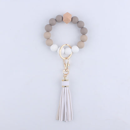 Tassel Silicone Bead Wristlet Keychain with Wooden Bead Charm 8cm 17