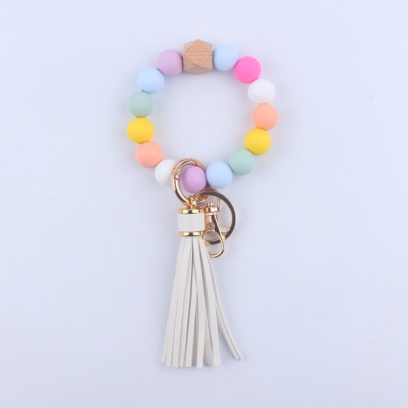 PU Leather Tassel Silicone Bead Wristlet Keychain Leopard Print 13