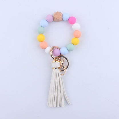 PU Leather Tassel Silicone Bead Wristlet Keychain Leopard Print 13