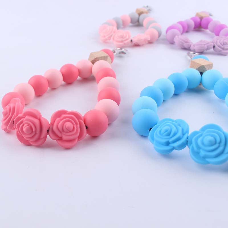 Rose Silicone Bead Wristlet Keychain with Wooden Accent Bead 4