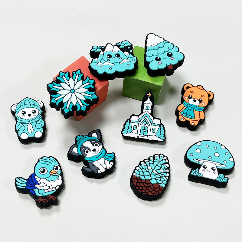 Silicone Focal Beads Winter Blue Tree Pinecone Animal Flower Design 3