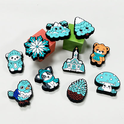 Silicone Focal Beads Winter Blue Tree Pinecone Animal Flower Design 3