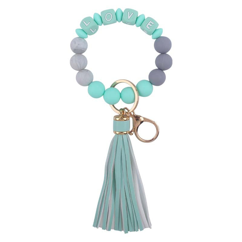 Letter LOVE Silicone Bead Wristlet Keychain PU Leather Tassel 9