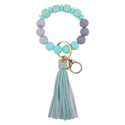 Letter LOVE Silicone Bead Wristlet Keychain PU Leather Tassel 9