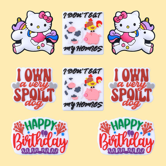 20pcs Silicone Focal Beads Unicorn Cat Happy Birthday Spoiled Dog Poultry