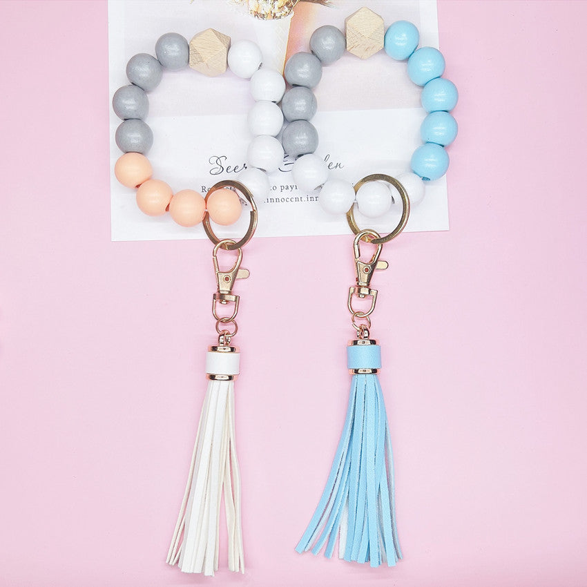 Wooden Bead Silicone Bead Wristlet Keychain with PU Leather Tassel 4