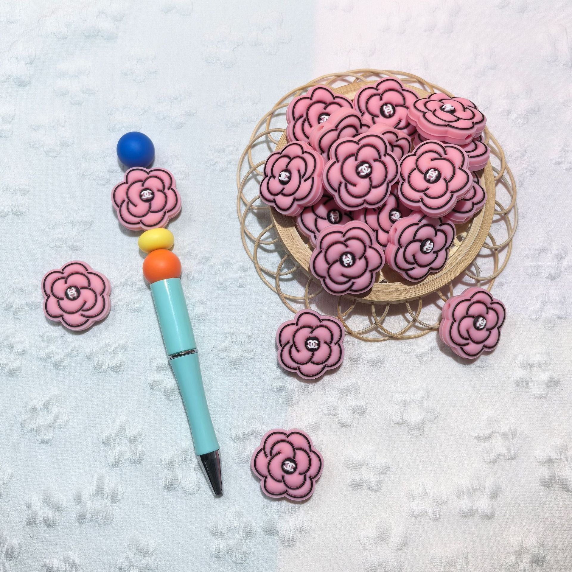 20pcs Silicone Focal Beads Peony Flower with Black Center Detail 5