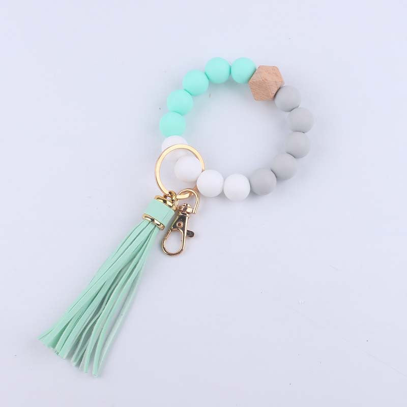 Octagonal Silicone Bead Wristlet Keychain with Tassel Charm 13