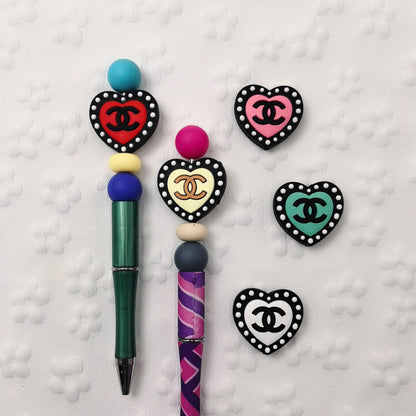 20Pcs Silicone Focal Beads Love Heart with Double Dot Border 3