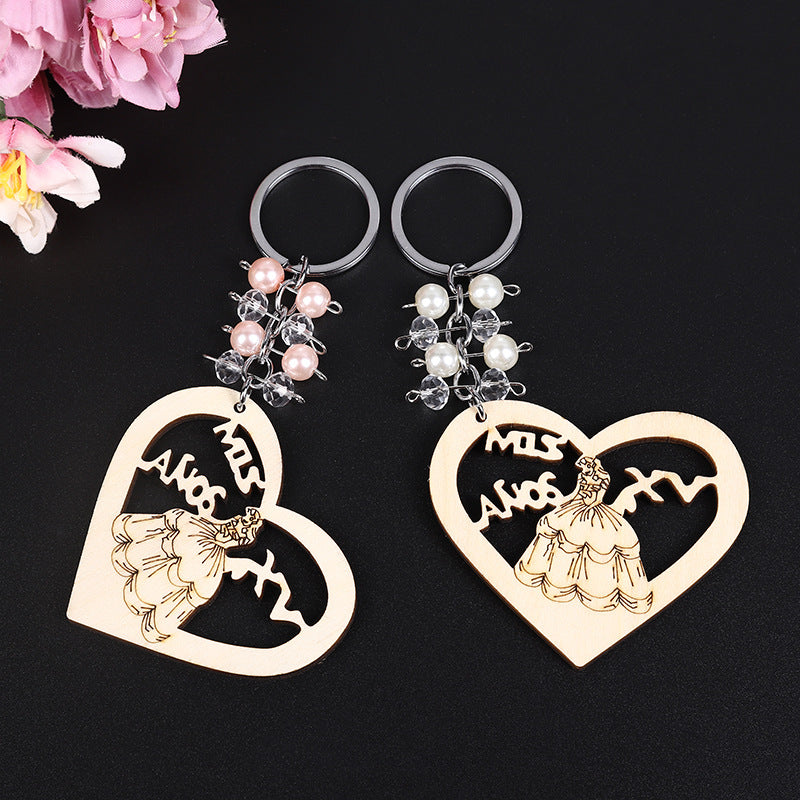 Love Princess Wooden Bead Keychain Heart Shape Charm 3