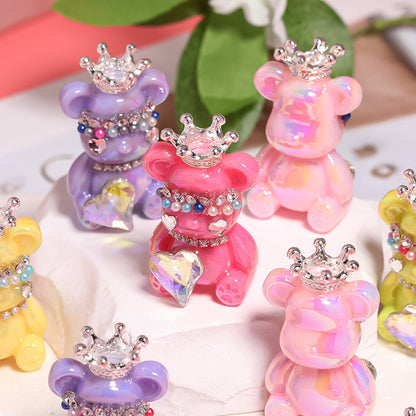 5pcs 22x38mm Crown Bear Acrylic Beads Rhinestone Embellished 5