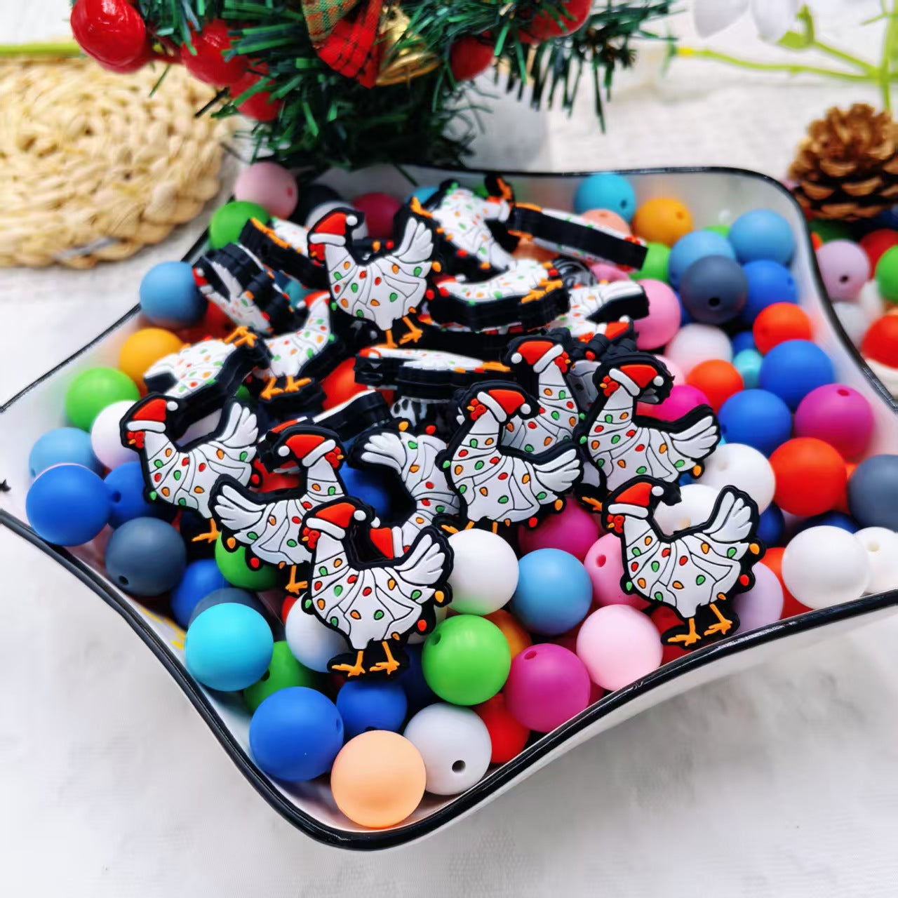 20Psc Silicone Focal Beads Christmas Chicken Wearing Hat 2