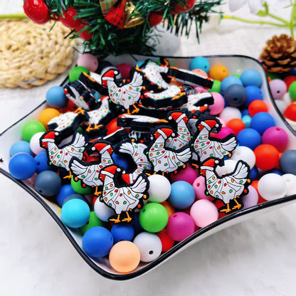 20Psc Silicone Focal Beads Christmas Chicken Wearing Hat 2