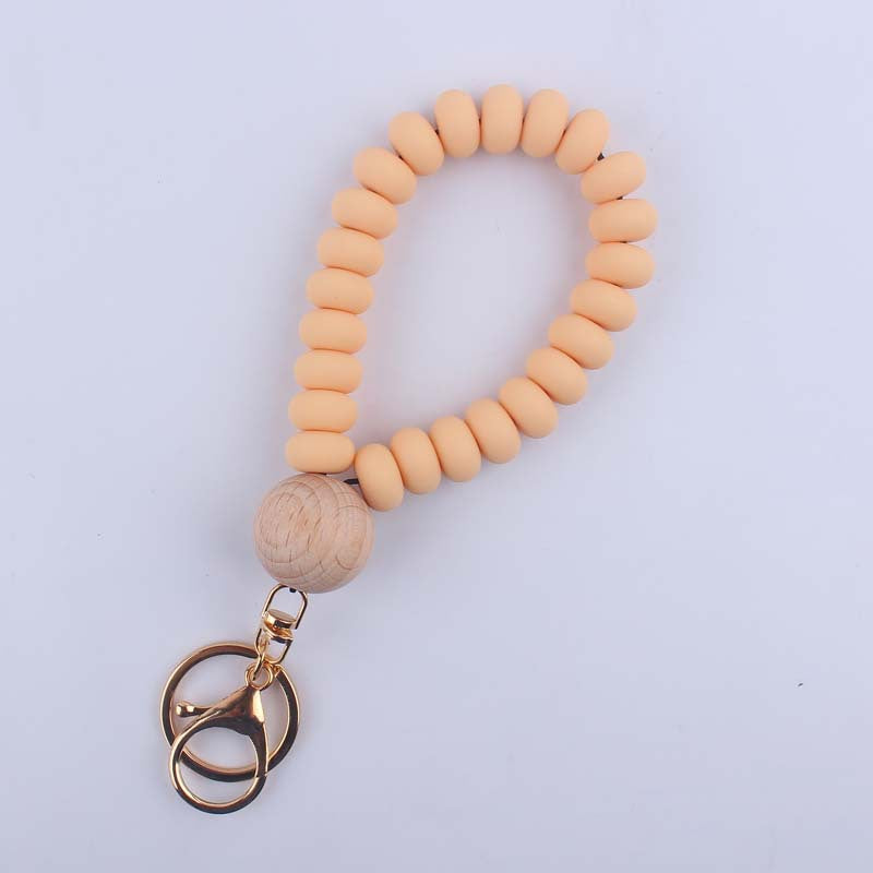 Flat Silicone Bead Wristlet Keychain with Wooden Accent 9