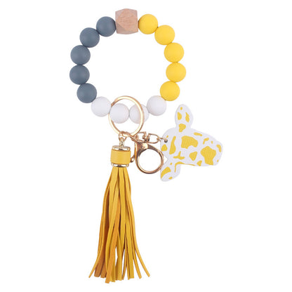 Western Cow Silicone Bead Wristlet Keychain PU Leather Tassel 16