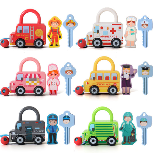Wooden Montessori Toys Key Unlock Car for Toddlers 19x13x9cm