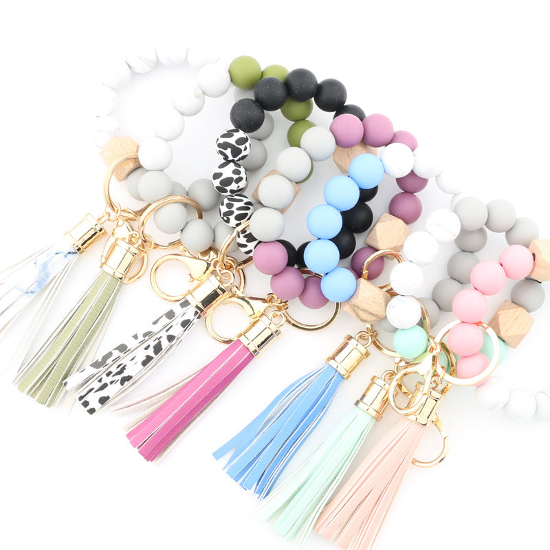 Silicone Bead Wristlet Keychain with Wooden Hexagon Bead Tassel 2