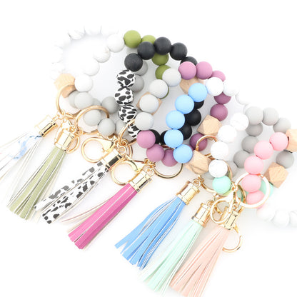 Silicone Bead Wristlet Keychain with Wooden Hexagon Bead Tassel 2