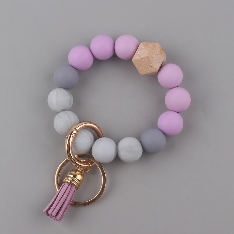 Leather PU Tassel Silicone Bead Wristlet Keychain Small Size 11