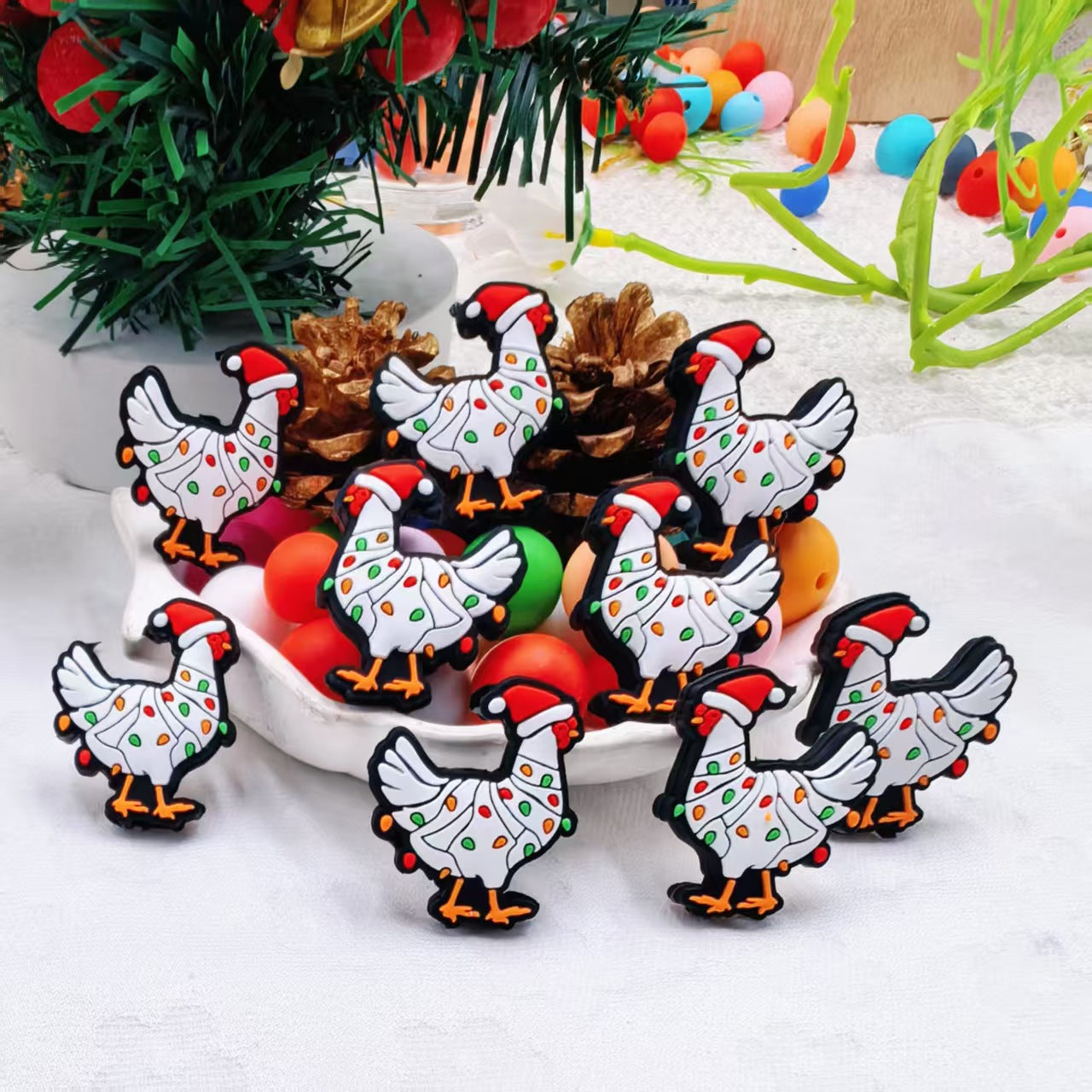 20Psc Silicone Focal Beads Christmas Chicken Wearing Hat