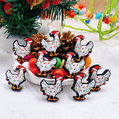 20Psc Silicone Focal Beads Christmas Chicken Wearing Hat
