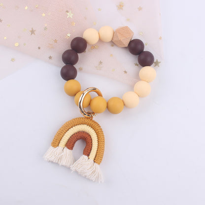 Rainbow Tassel Silicone Bead Wristlet Keychain with Wooden Accent 9