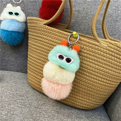 Caterpillar Pom Pom Plush Keychain Cute Furry Charm Accessory 4