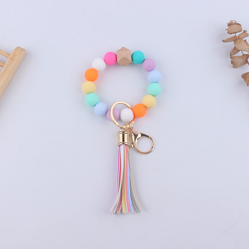 Leopard Print Silicone Bead Wristlet Keychain PU Tassel Charm 15