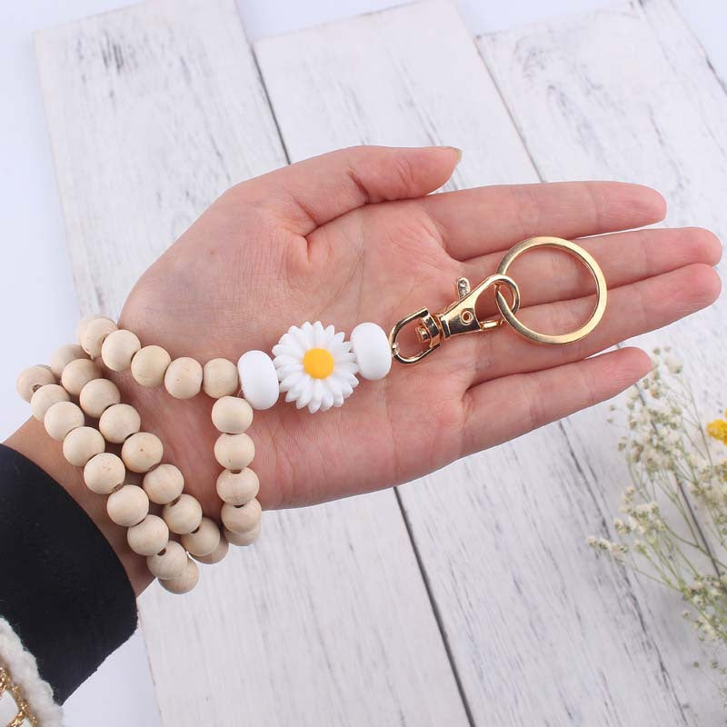 Daisy Silicone Bead Wristlet Keychain with Wooden Beads 4