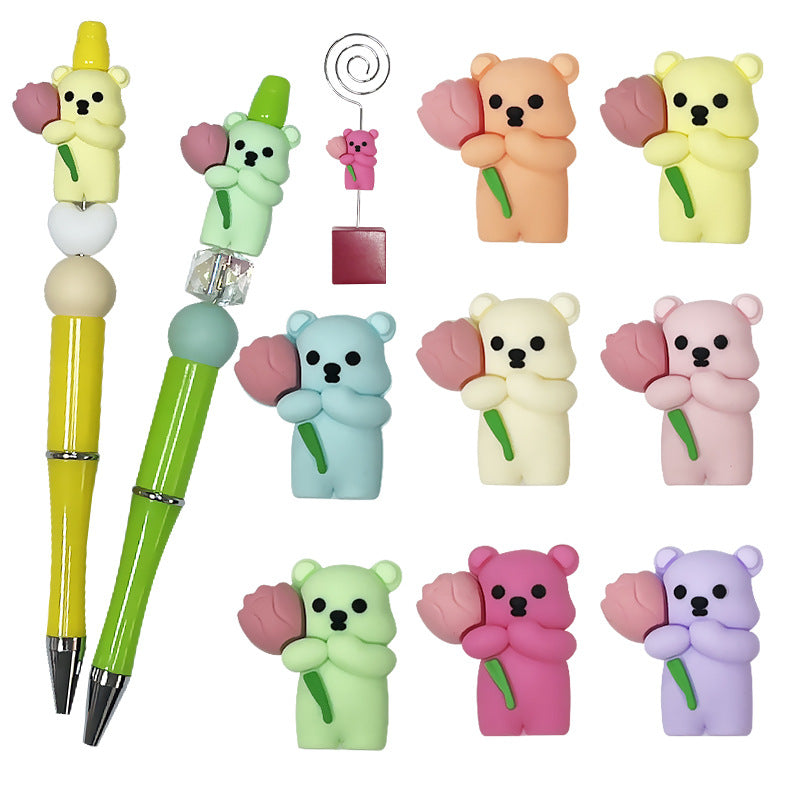 20Pcs Silicone 3D Focal Beads Colored Teddy Bear Holding Flower