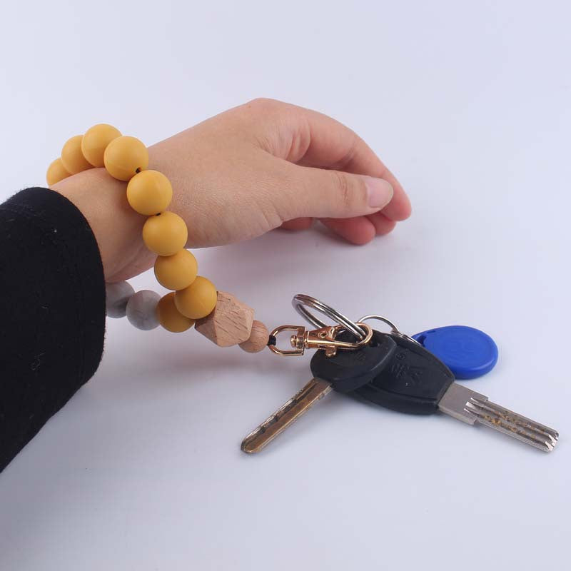 Wood Hexagon Silicone Bead Wristlet Keychain with Wooden Accent 4