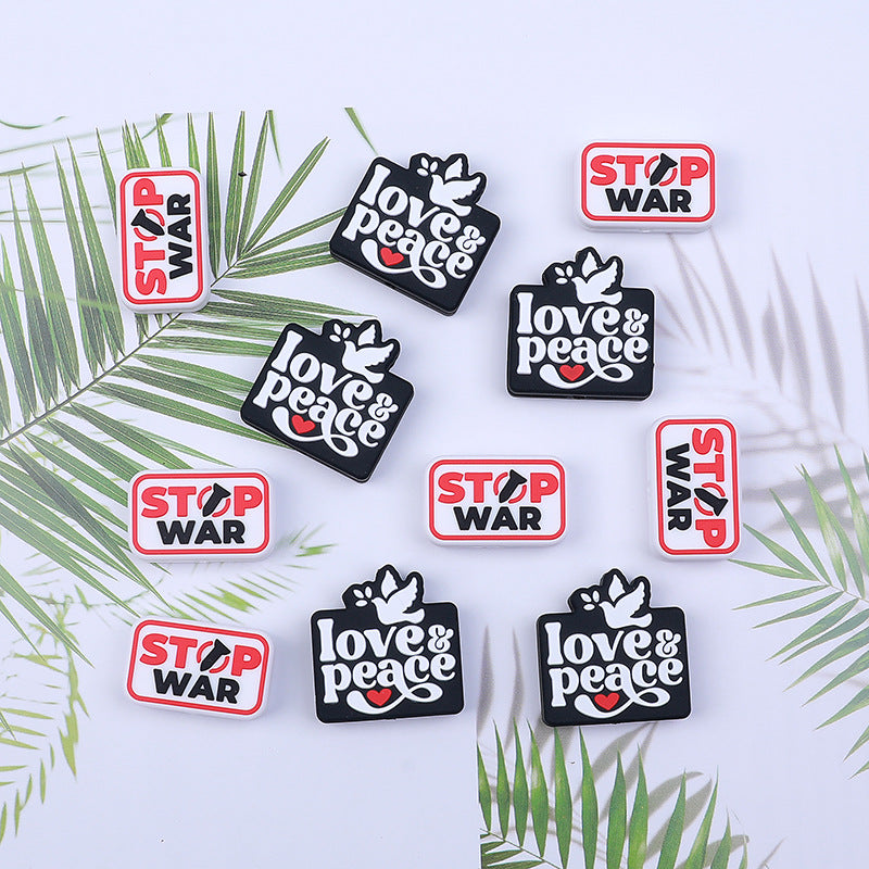 20pcs Silicone Focal Beads Love and Peace with Dove and Stop War Printed 2