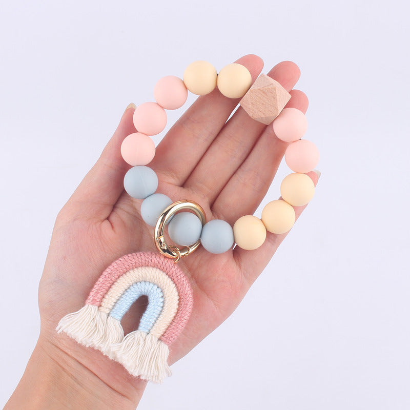 Rainbow Tassel Silicone Bead Wristlet Keychain with Wooden Accent 4