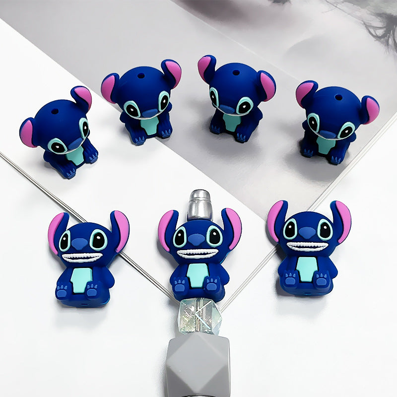 Silicone 3D Focal Beads Blue Alien Character Large Ears Sitting Pose 4
