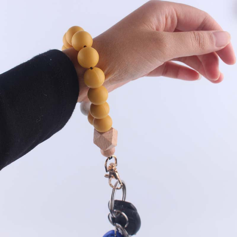 Wood Hexagon Silicone Bead Wristlet Keychain with Wooden Accent 3